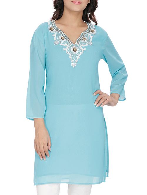 light blue georgette embellished kurta - 11440015 - Very Small Image - 1