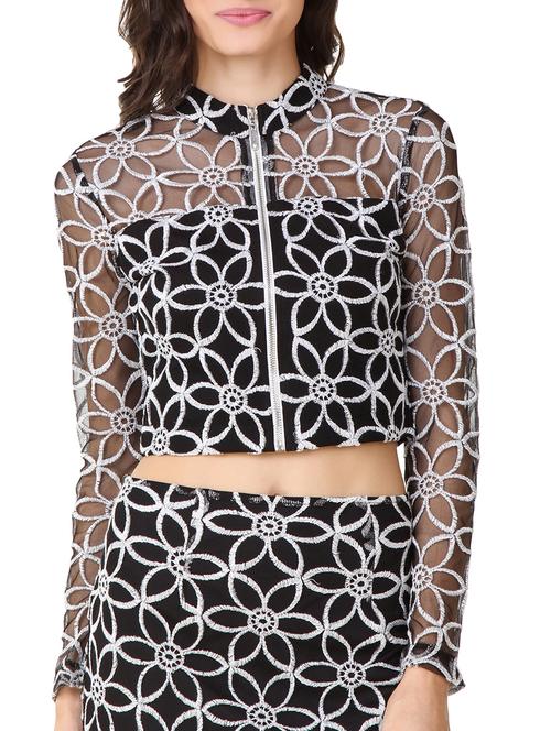 embroidered mesh zip up crop top - 11441454 - Very Small Image - 1