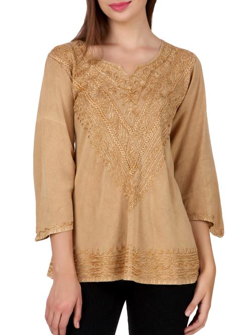 brown embroidered solid viscose tunic - 11451090 - Very Small Image - 1