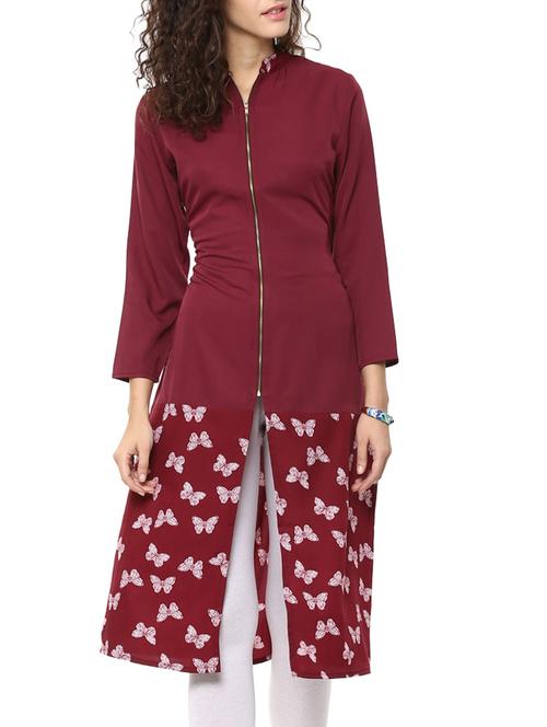 maroon printed front open kurta - 11452129 - Very Small Image - 1