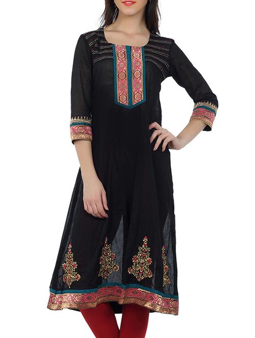 jacquard border with placket black long kurta - 1145462 - Very Small Image - 1