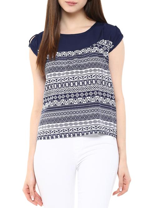 navy blue crepe printed asymmetrical top - 11455546 - Very Small Image - 1