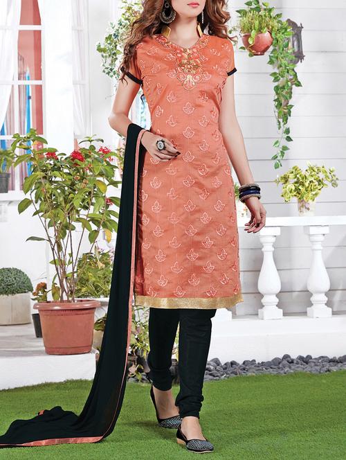 orange chanderi cotton unstitched suit - 11460805 - Very Small Image - 1