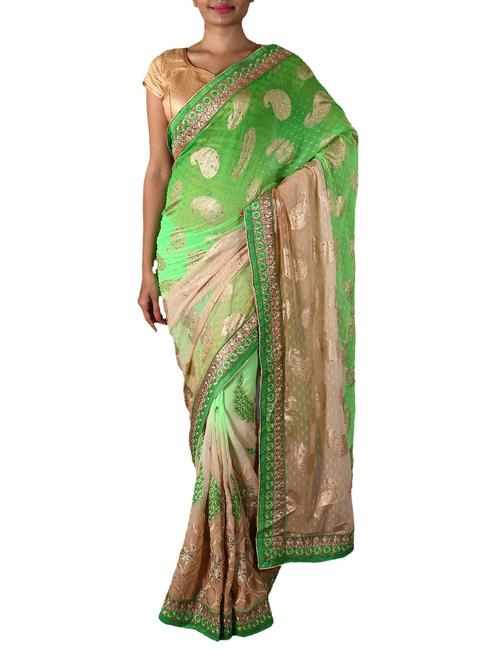 Green and Beige Embroidered Chiffon Saree - 1146756 - Very Small Image - 1