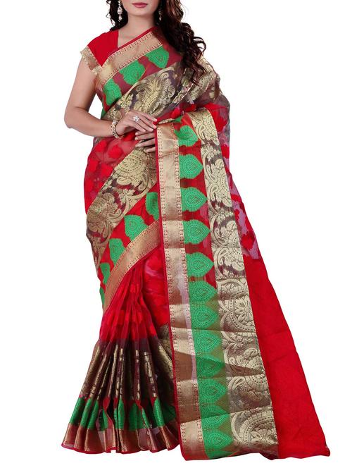 red silk blend saree with blouse - 11475619 - Very Small Image - 1
