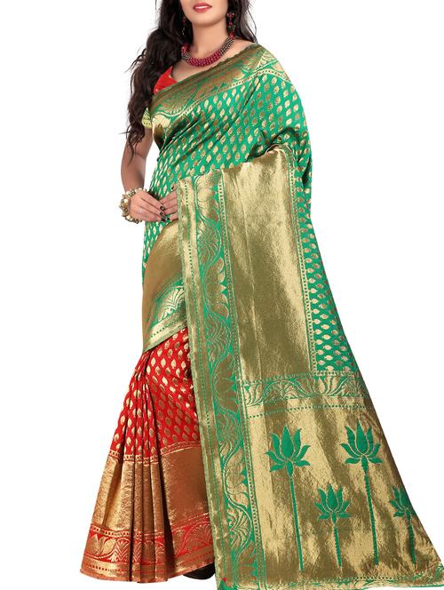 greeh unt & red silk blend banarasi saree with blouse - 11475710 - Very Small Image - 1