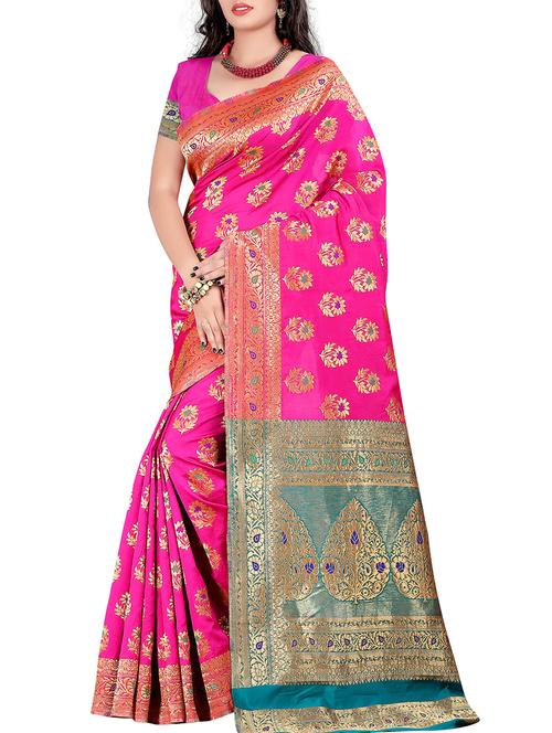 pink silk blend saree with blouse - 11475717 - Very Small Image - 1