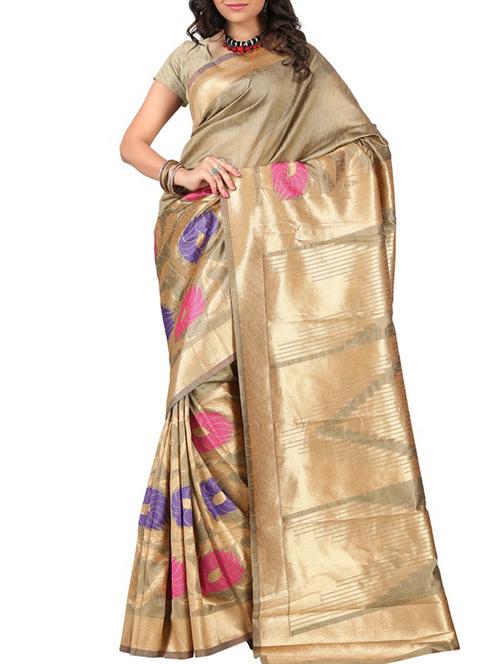 beige silk saree with blouse - 11475776 - Very Small Image - 1