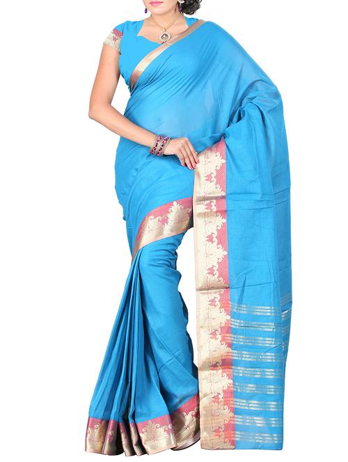 turquoise cotton banarasi saree with blouse - 11475939 - Very Small Image - 1