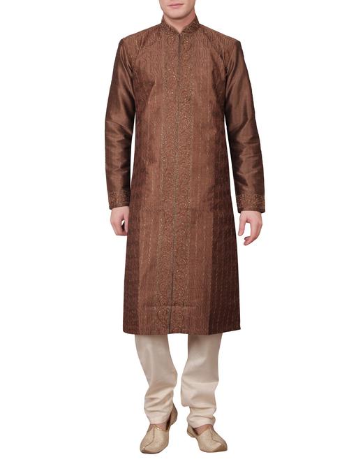 brown embroidered silk blend kurta - 11477990 - Very Small Image - 1