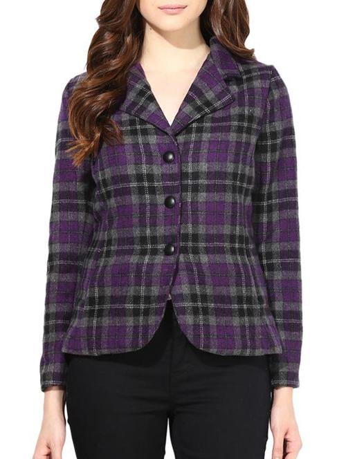 purple and grey chequered full-sleeved blazer - 11478799 - Very Small Image - 1