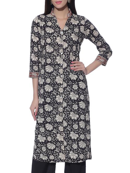 monochrome cotton kalamkari hand-block printed kurta - 11483824 - Very Small Image - 1