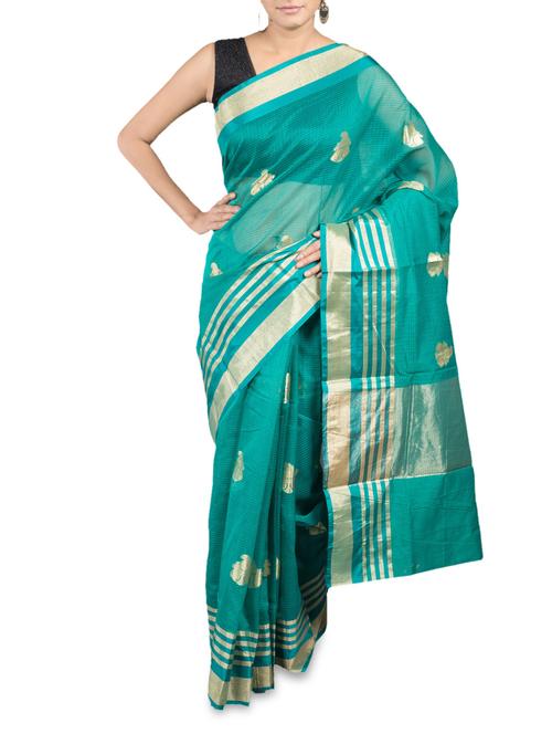 teal cotton banarasi saree - 1148463 - Very Small Image - 1