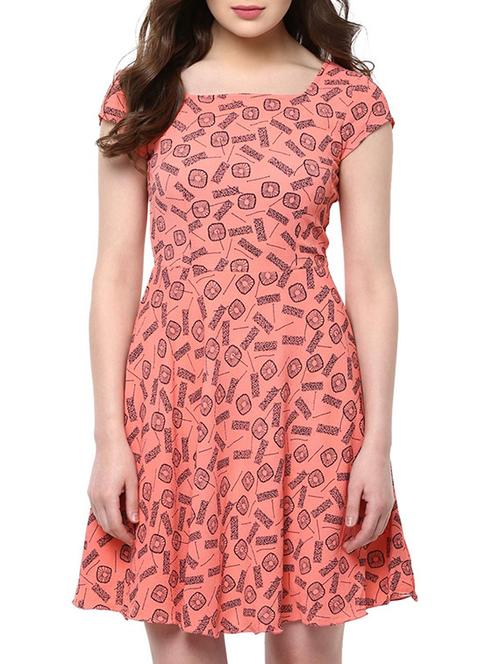 orange printed crepe fit and flare dress - 11488912 - Very Small Image - 1