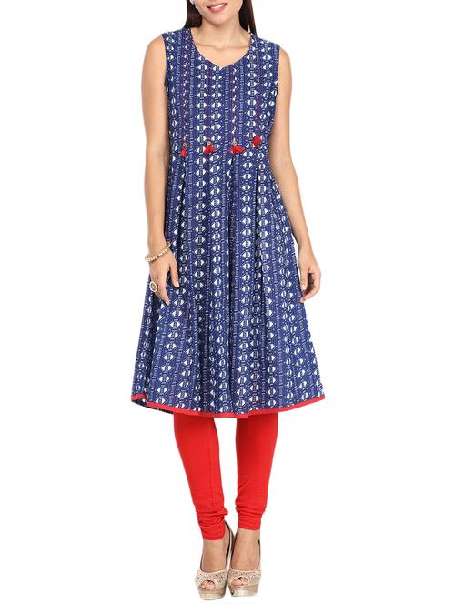 indigo cotton printed flared kurta - 11498062 - Very Small Image - 1