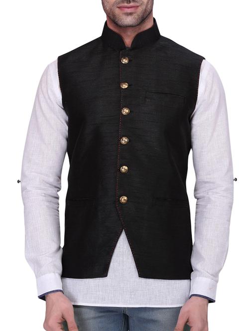 solid black silk blend nehru jacket - 11512928 - Very Small Image - 1