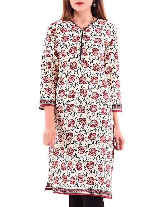 cream cotton floral print kurta - 11514673 - Very Small Image - 1
