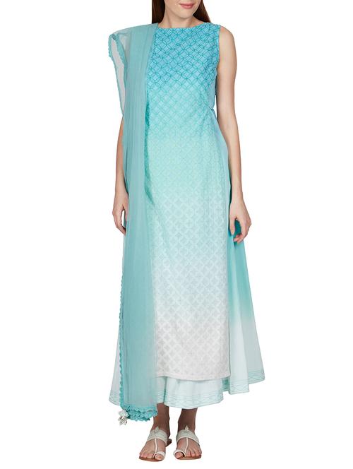 sky blue embroidered cotton stitched suit set - 11518384 - Very Small Image - 1