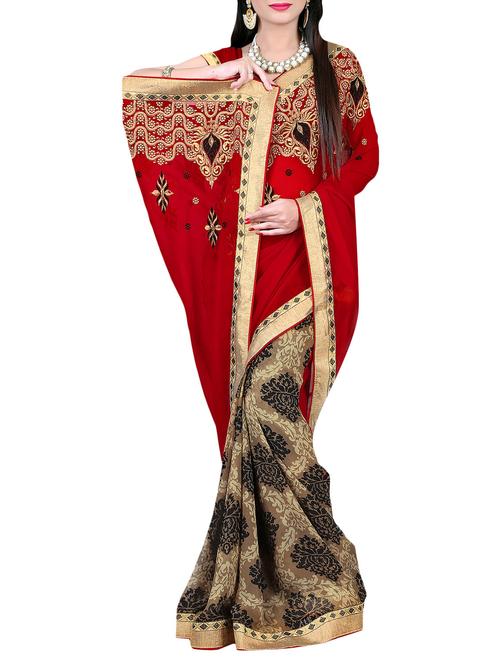 red georgette half & half saree with blouse - 11525390 - Very Small Image - 1