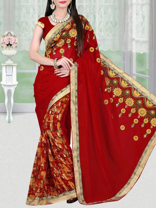 red color, georgette embroidered & printed two-way wearable half & half saree with blouse - 11525395 - Very Small Image - 1