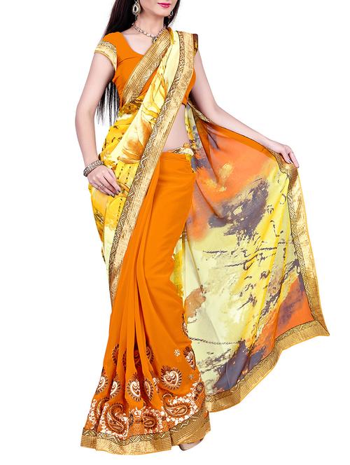 orange georgette printed saree with blouse - 11526969 - Very Small Image - 1