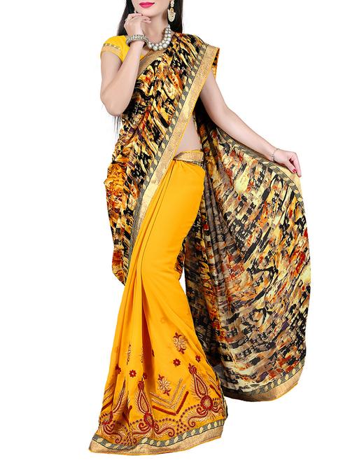 yellow georgette printed saree with blouse - 11526972 - Very Small Image - 1