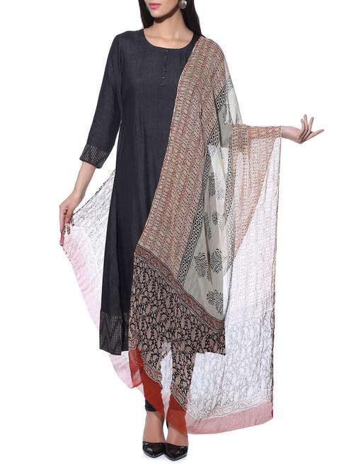 multicoloured chiffon kalamkari hand block printed dupatta - 11531455 - Very Small Image - 1