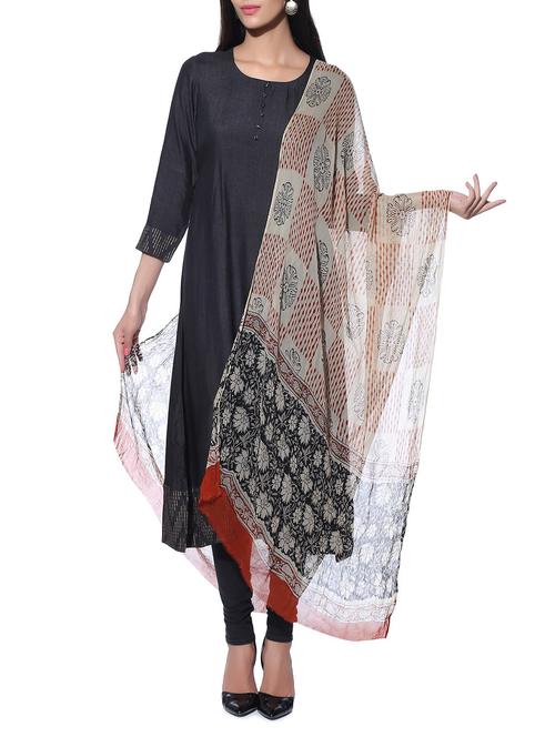 multicoloured chiffon kalamkari hand block printed dupatta - 11531458 - Very Small Image - 1