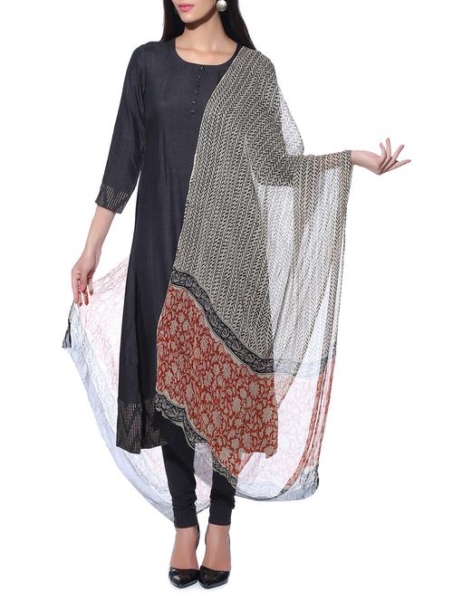 multicoloured chiffon kalamkari hand block printed dupatta - 11531459 - Very Small Image - 1
