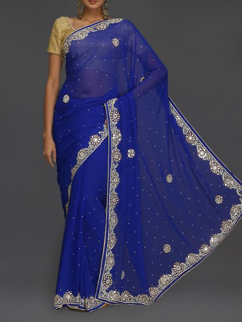 mirror work bead embellished blue saree - 1153992 - Very Small Image - 1
