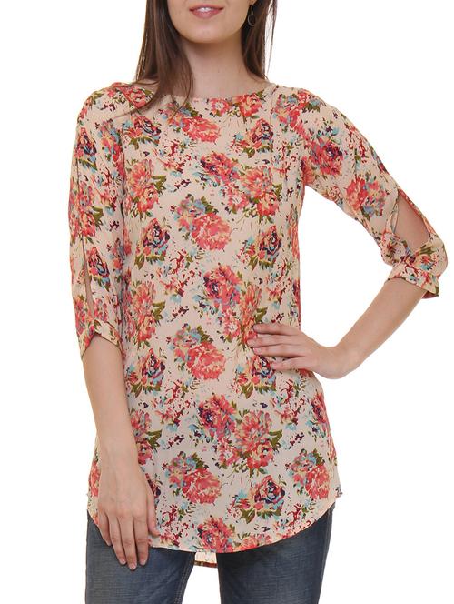 boat neck curved hem floral tunic - 11543148 - Very Small Image - 1
