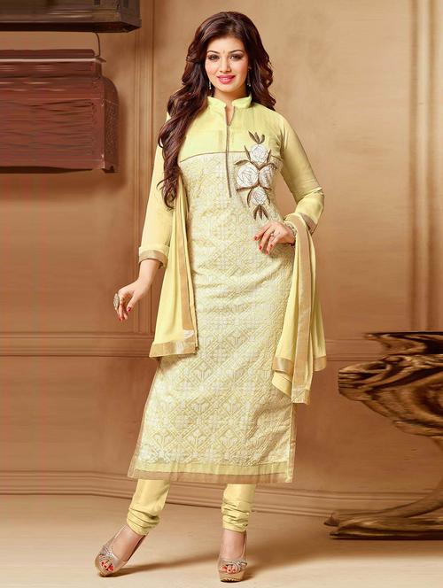 yellow chanderi cotton unstitched suit - 11553938 - Very Small Image - 1
