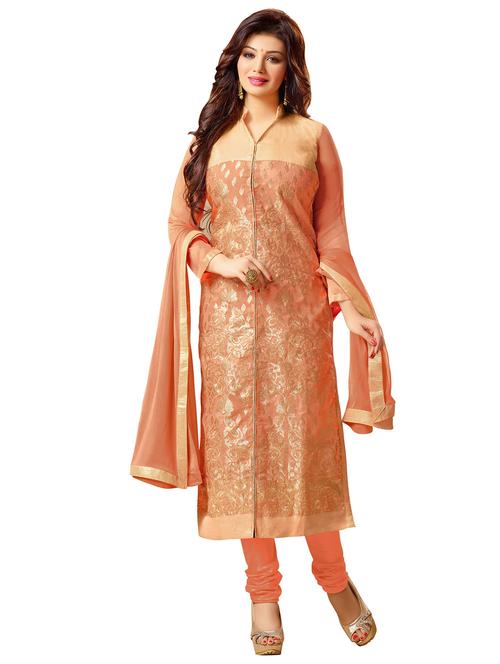 orange chanderi cotton unstitched suit - 11553940 - Very Small Image - 1