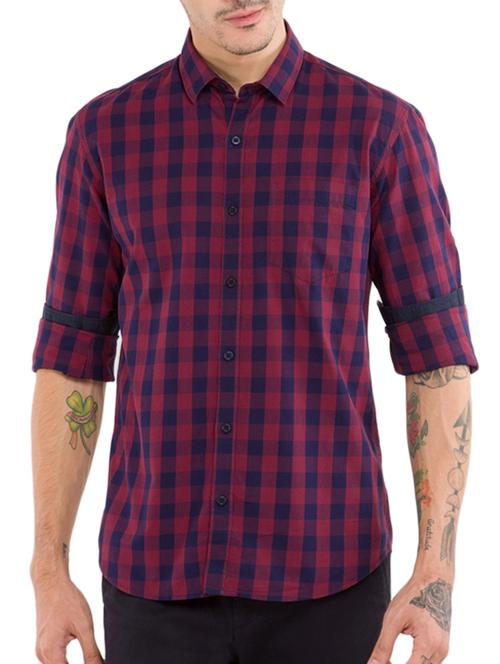 red checkerd cotton casual shirt - 11555174 - Very Small Image - 1
