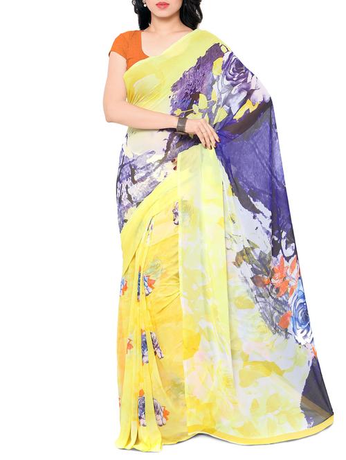 yellow chiffon printed saree with blouse - 11561373 - Very Small Image - 1