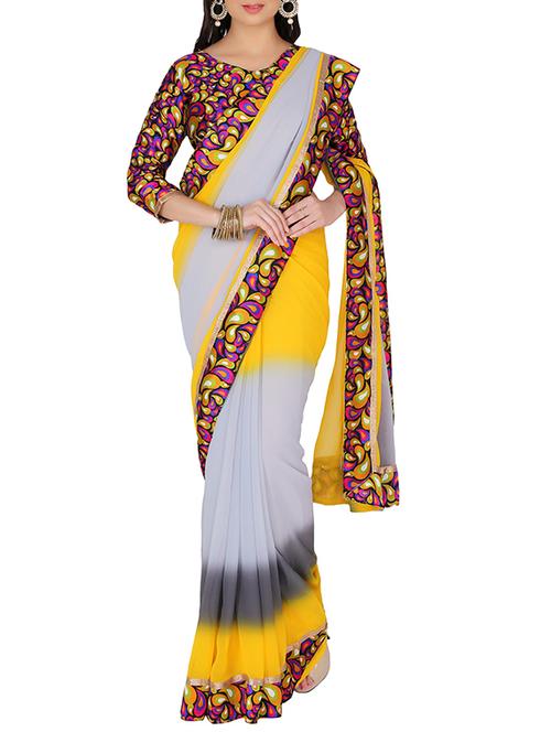 yellow and grey georgette saree with blouse - 11561409 - Very Small Image - 1