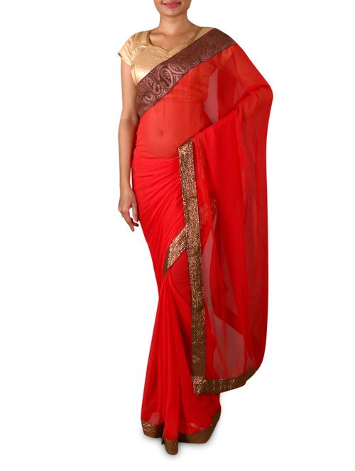 Red chiffon saree with shimmery border - 1156579 - Very Small Image - 1