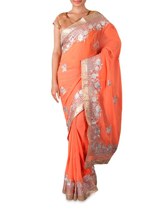 orange embroidered georgette saree - 1156587 - Very Small Image - 1