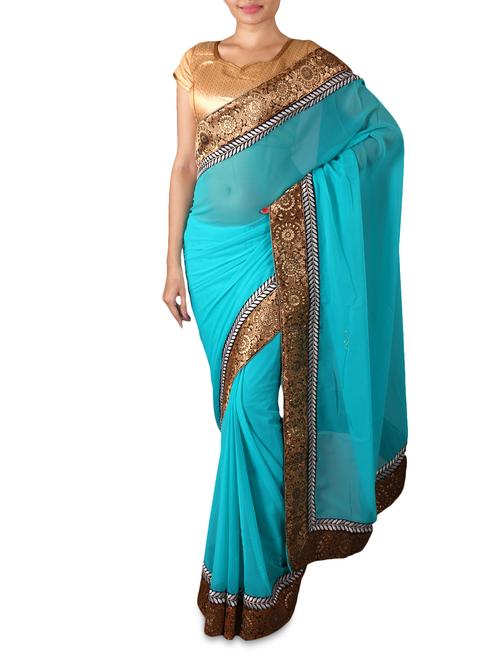 blue georgette saree with copper border - 1156594 - Very Small Image - 1