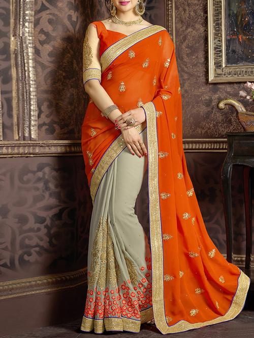 orange and grey embroidered georgette half and half saree with blouse - 11570043 - Very Small Image - 1