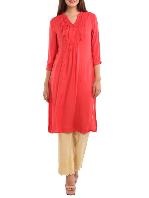 coral pink viscose kurta - 11570321 - Very Small Image - 1