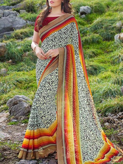 cream printed georgette saree - 11573897 - Very Small Image - 1