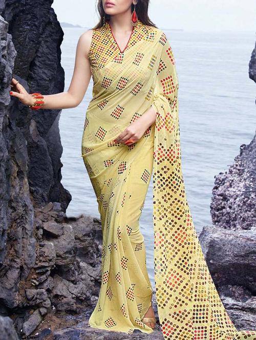 light yellow printed georgette saree - 11573899 - Very Small Image - 1