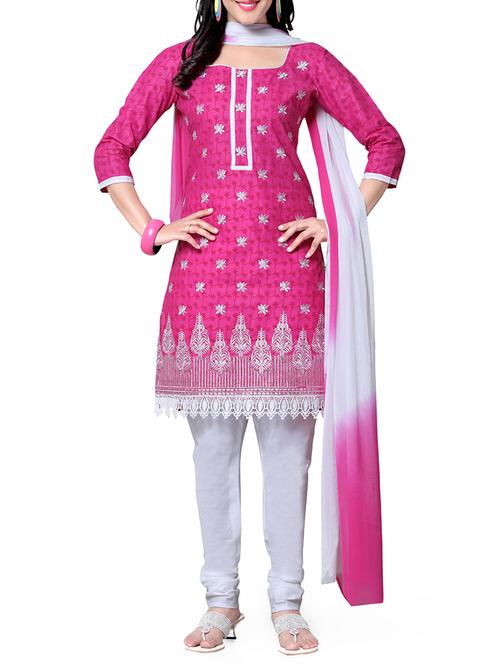 pink embroidered cotton unstitched suit set - 11575950 - Very Small Image - 1