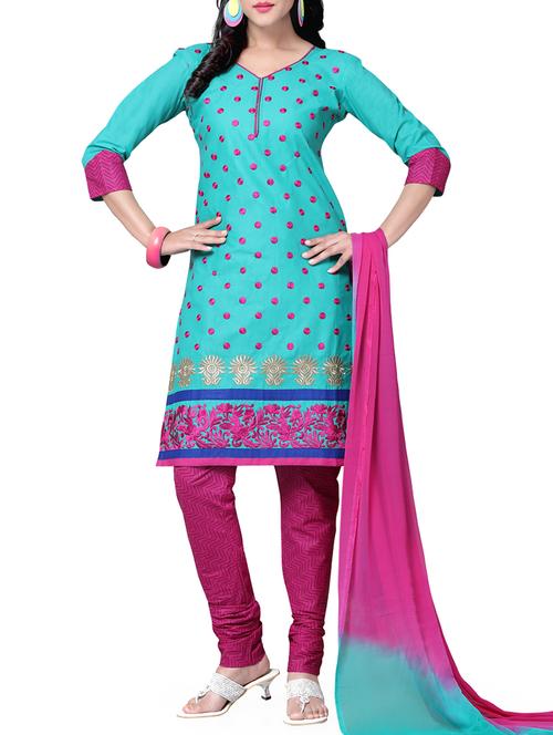 aqua green embroidered cotton unstitched suit set - 11575953 - Very Small Image - 1