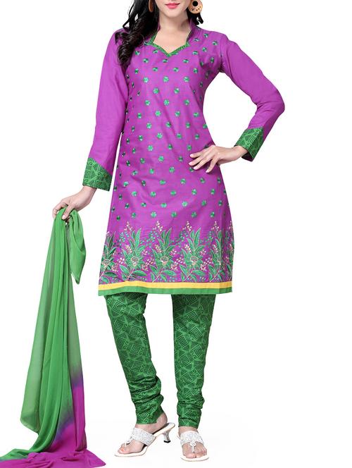 purple embroidered cotton unstitched suit set - 11575957 - Very Small Image - 1