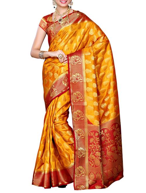 orange silk blend self design saree with blouse - 11578049 - Very Small Image - 1