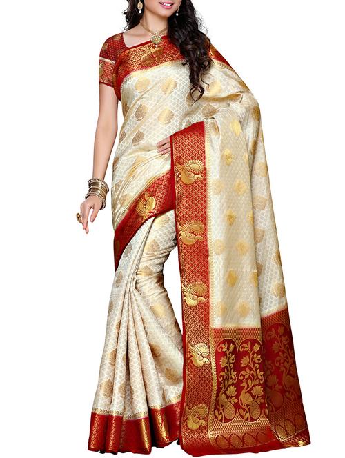 white silk blend saree with blouse - 11578177 - Very Small Image - 1