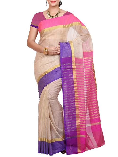 beige khadi handloom saree - 11578205 - Very Small Image - 1