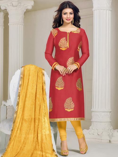 red chanderi cotton unstitched suit - 11579926 - Very Small Image - 1